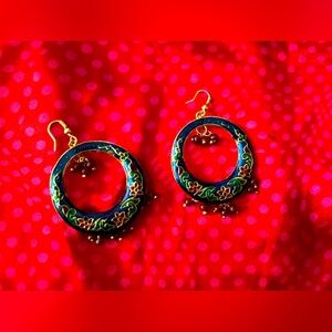 Elegant Blue and Gold Handpainted Floral Earrings